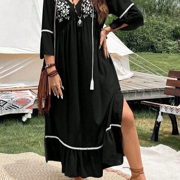 Black Boho Womens Floral Print Tassel Tie Neck Ruffle Hem Dress - Picture 5 of 5